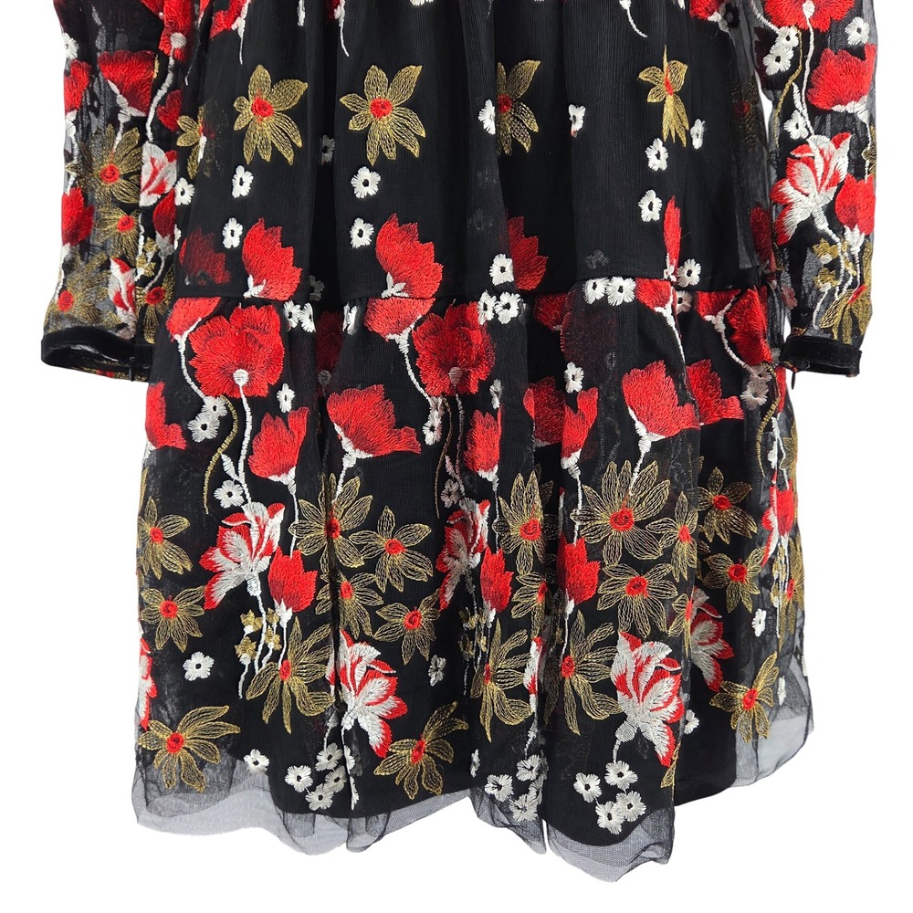 Bronx & Banco Mini Dress M Black Red Floral Embroidered Mesh Whimsigoth Cocktail - Picture 15 of 16
